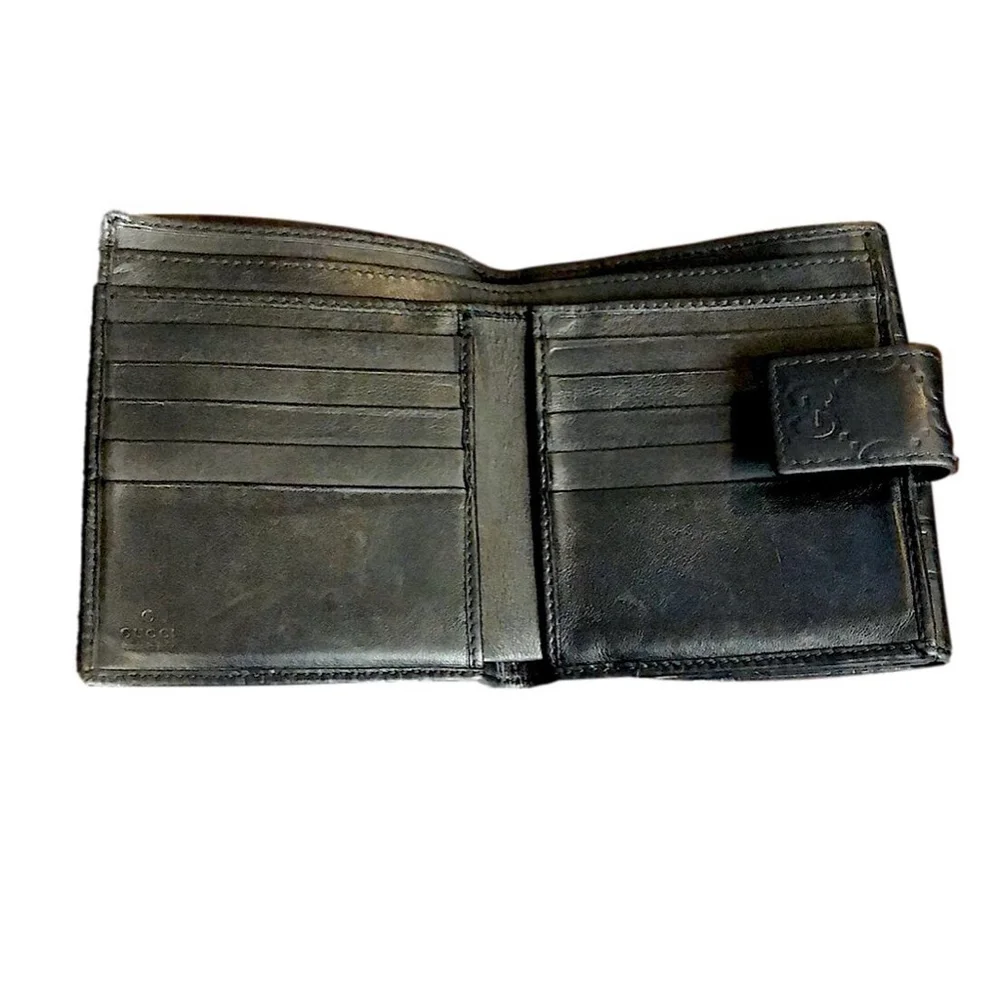 Men GUCCI Black Lambskin GG Guccismo Bifold Wallet With Billfold Coin Section